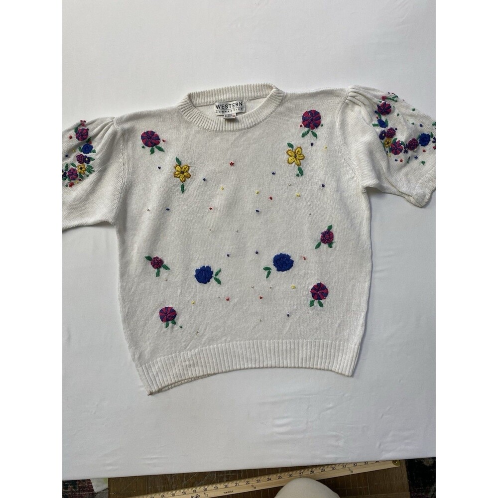 Vintage Western Connection Floral Embroidered Puff Sleeve Knit Sweater M